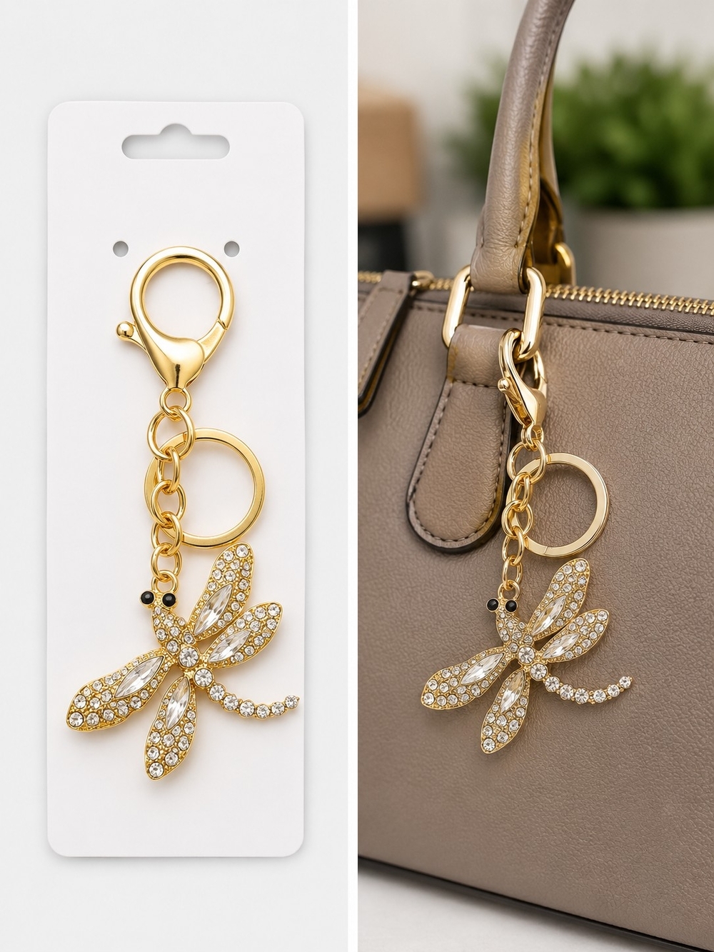 Gold Crystal Dragonfly Keychain Bag Charm